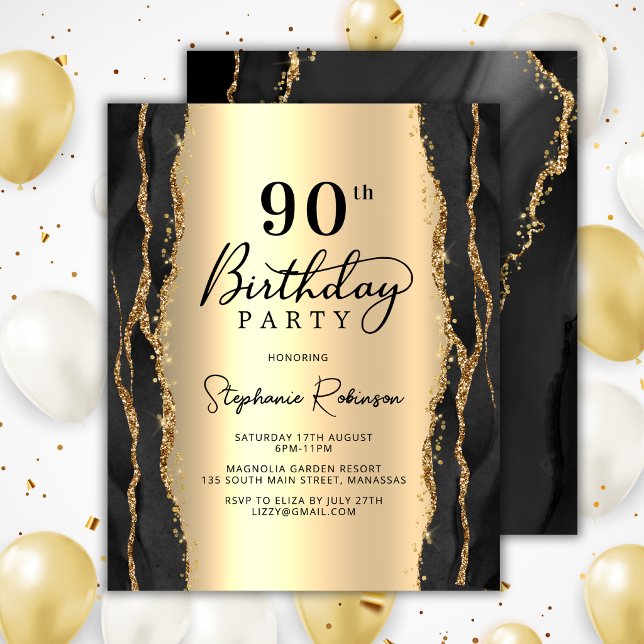 Convite de Aniversário de 90 anos Moderno Preto e  (Criador carregado)