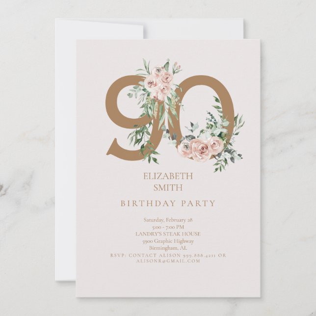 Convite de Aniversário de 90 Anos Pink & Gold Eleg (Frente)