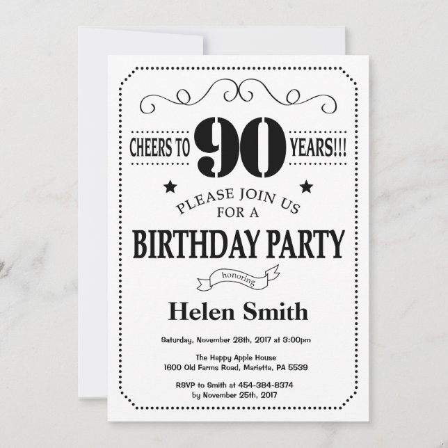 Convite de Aniversário de 90 anos Preto e Branco (Frente)