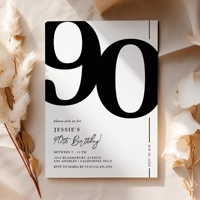 Convite de Aniversário de 90 Anos Preto e Branco E (Criador carregado)