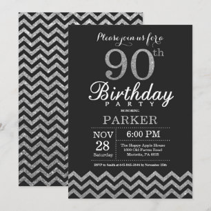 Convite de Aniversário de 90 anos Preto e Brilho P