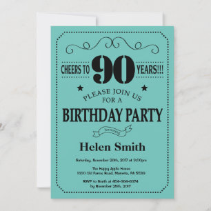 Convite de Aniversário de 90 anos Preto e Teal