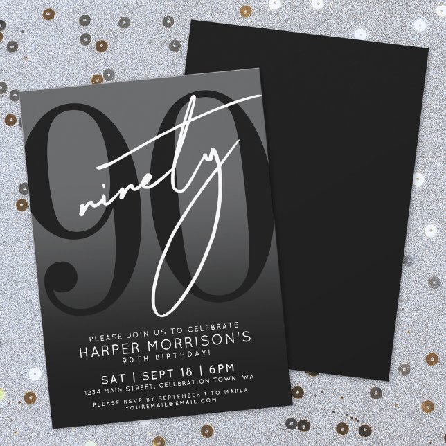 Convite de Aniversário de 90 Anos Preto Moderno (Modern Black 90th Birthday Party Invitation)