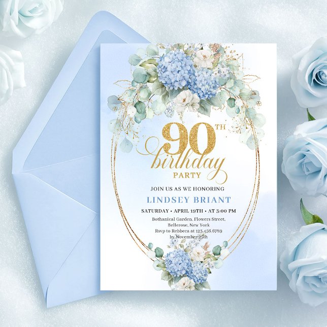 Convite de Aniversário de 90 anos Romântico de Hor (Romantic Soft Blue Hydrangea 90th Birthday Invite)