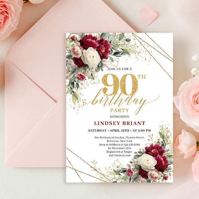 Convite de Aniversário de 90 Anos Rosas Vermelhas  (Refined Red and White Roses 90th Birthday Invitation)