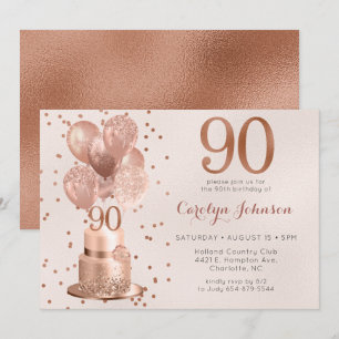 Convite de Aniversário de 90 Anos Rose Gold Cake