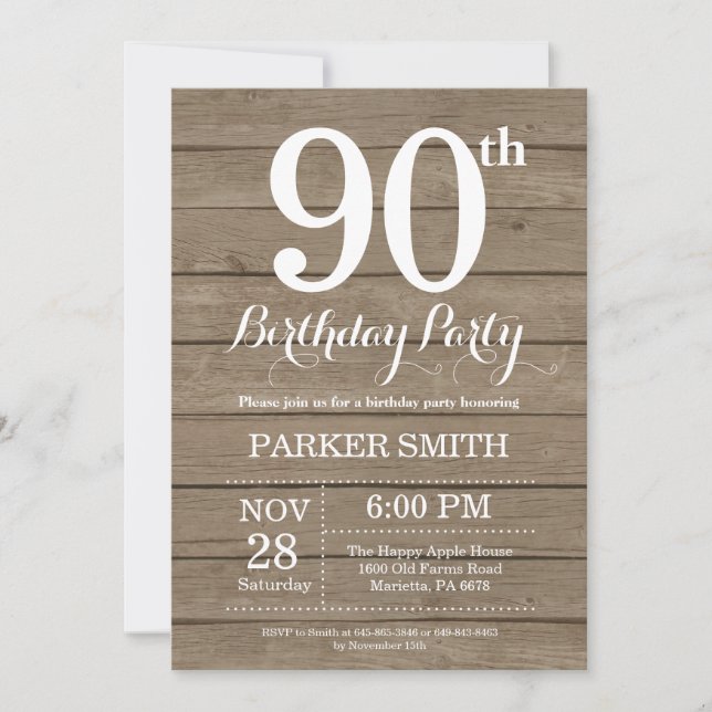 Convite de Aniversário de 90 Anos Rústico (Frente)