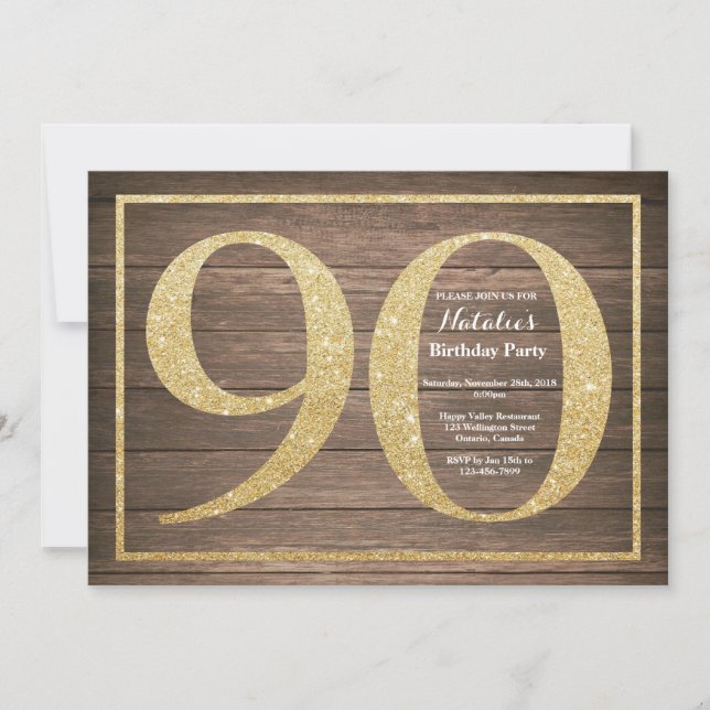 Convite de Aniversário de 90 Anos Rústico com Bril (Frente)