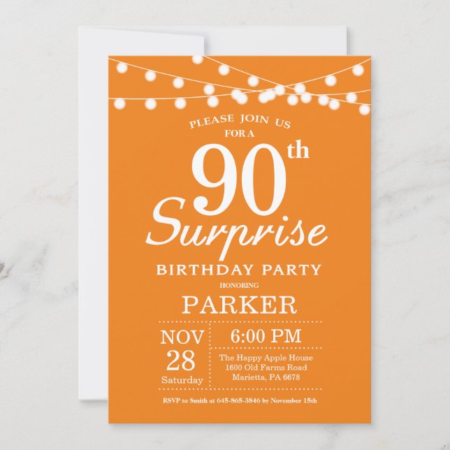 Convite de Aniversário de 90 anos Surpresa Laranja (Frente)