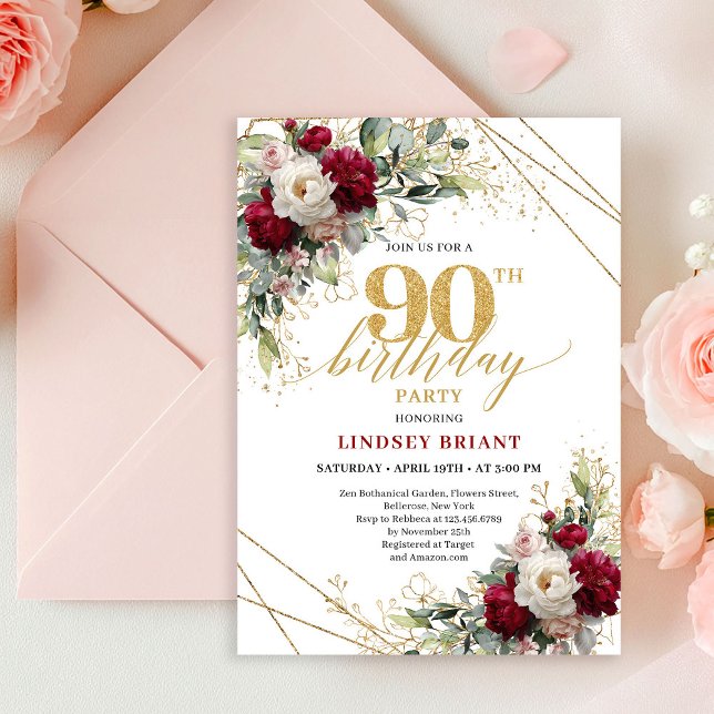 Convite de Aniversário de 90 anos Timeless Merlot  (Timeless Merlot Floral Gold 90th Birthday Invitation)