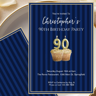 Convite de Aniversário de 90 anos Único Azul Doura
