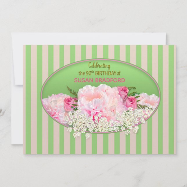 Convite de Aniversário de 90, Feminina com Flores (Frente)