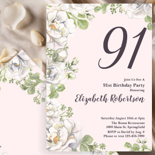 Convite de Aniversário de 91 anos Blush Rosa Flora