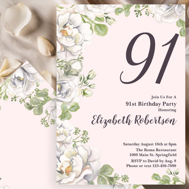 Convite de Aniversário de 91 anos Blush Rosa Flora (Criador carregado)