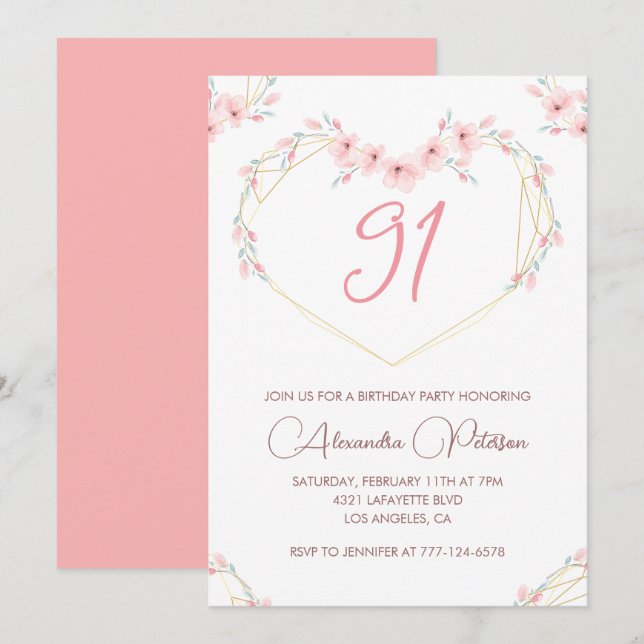Convite de aniversário de 91 anos em floral boho c (Frente/Verso)