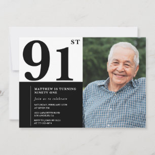 Convite de Aniversário de 91 anos Preto e Branco c