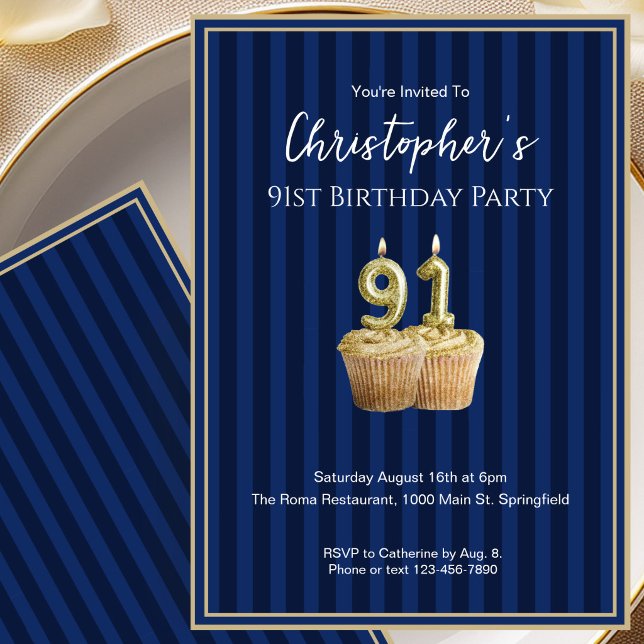 Convite de Aniversário de 91 Anos Único Azul Doura (Criador carregado)