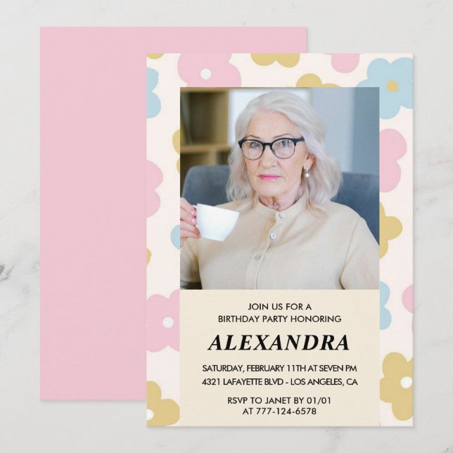 Convite de aniversário de 92 anos com foto floral  (Frente/Verso)