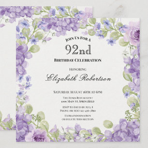 Convite de Aniversário de 92 Anos Elegante Floral 