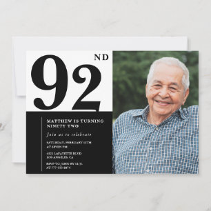 Convite de Aniversário de 92 anos Preto e Branco c