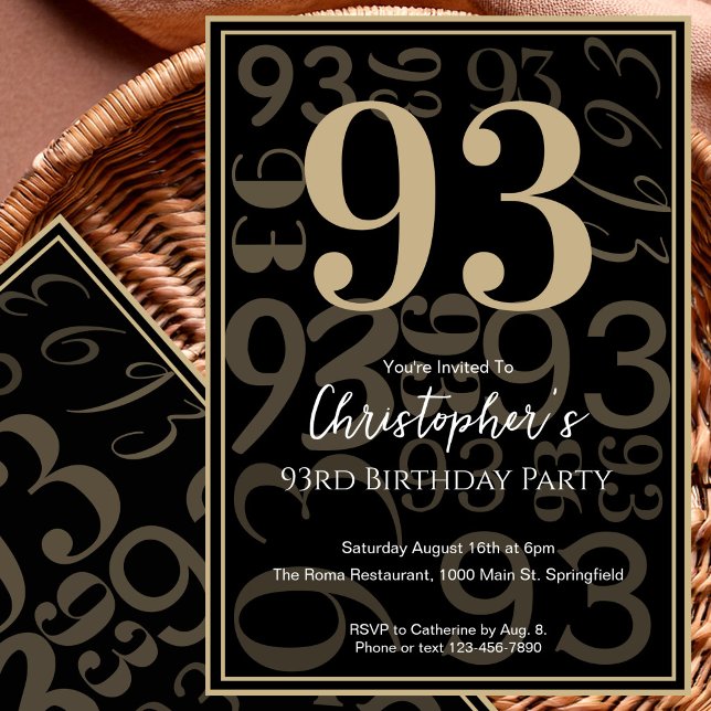 Convite de Aniversário de 93 Anos Preto Ouro Moder (Criador carregado)