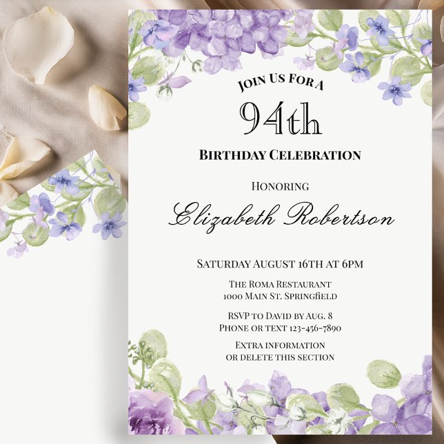 Convite de Aniversário de 94 anos Elegante Floral  (Criador carregado)