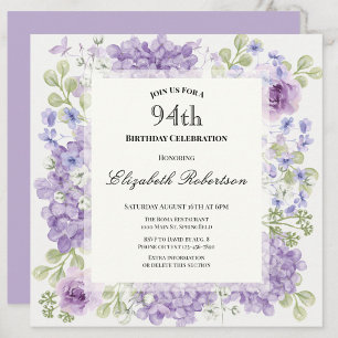 Convite de Aniversário de 94 Anos Elegantes Flores