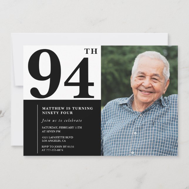 Convite de Aniversário de 94 anos Preto e Branco c (Frente)