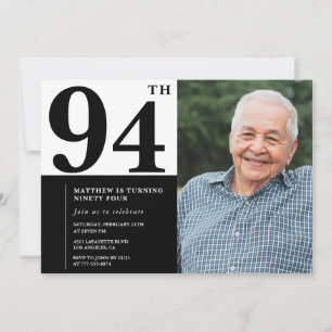 Convite de Aniversário de 94 anos Preto e Branco c