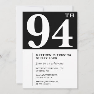 Convite de aniversário de 94 anos preto e branco e