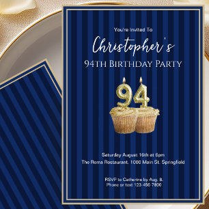 Convite de Aniversário de 94 anos Único Azul Doura