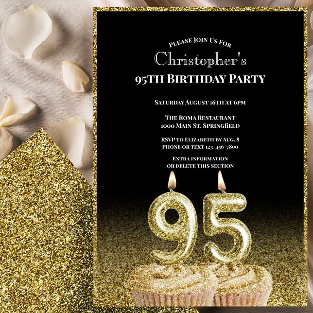 Convite de Aniversário de 95 anos Preto e Dourado  (Criador carregado)