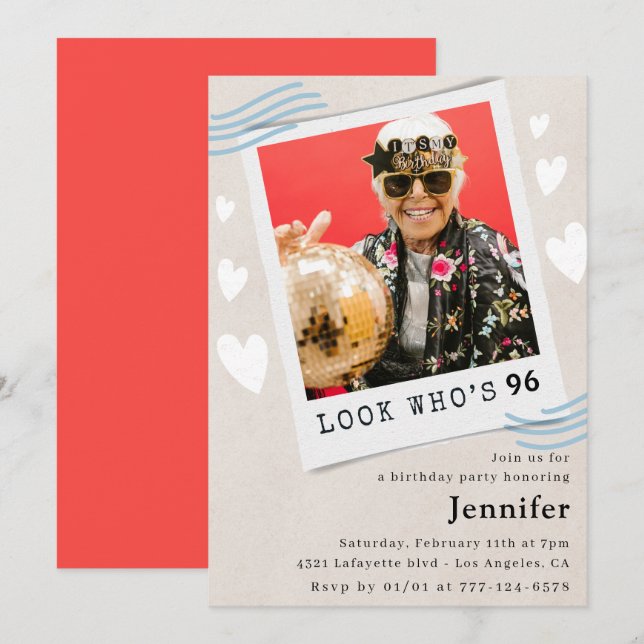 Convite de aniversário de 96 anos com foto (Frente/Verso)