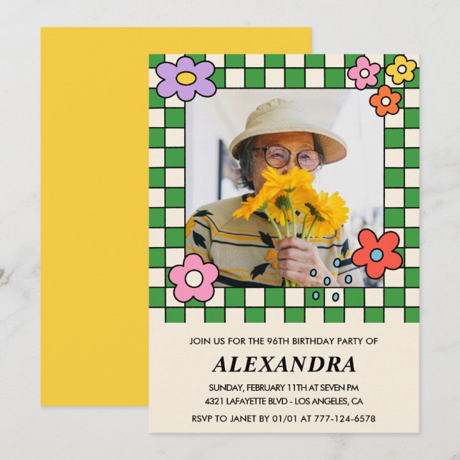 Convite de aniversário de 96 anos com foto Floral  (Frente/Verso)