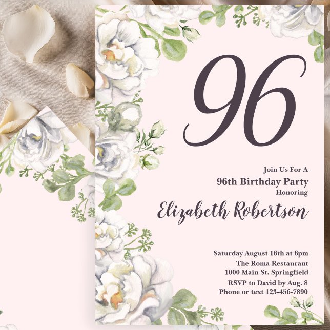 Convite de Aniversário de 96 anos com Peônias Flor (Criador carregado)