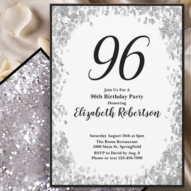 Convite de Aniversário de 96 Anos Elegante Prata e (Criador carregado)