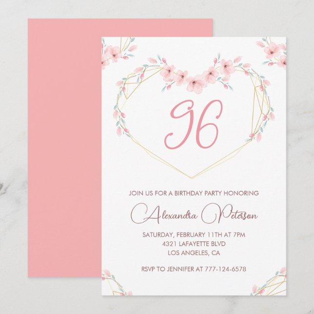 Convite de aniversário de 96 anos em floral boho c (Frente/Verso)