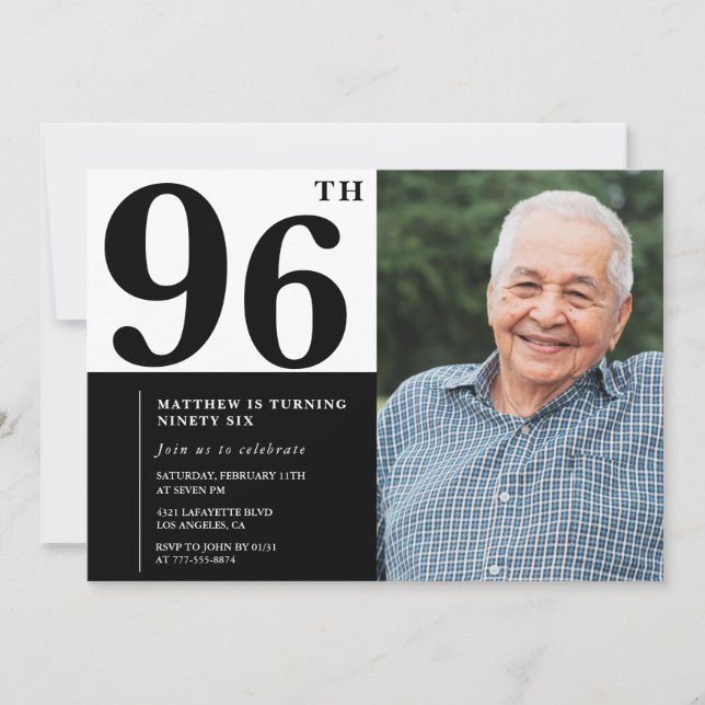 Convite de Aniversário de 96 anos Preto e Branco c (Frente)