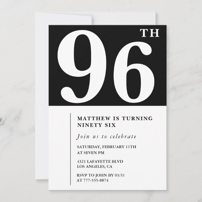 Convite de aniversário de 96 anos preto e branco e (Frente)