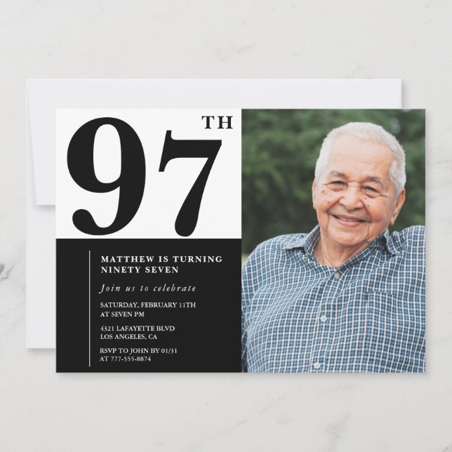 Convite de Aniversário de 97 anos Preto e Branco c (Frente)