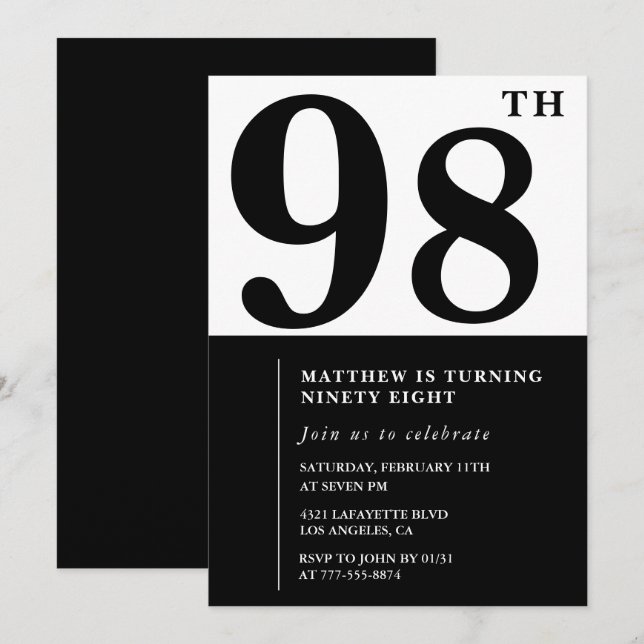 Convite de aniversário de 98 anos Chic Preto e Bra (Frente/Verso)