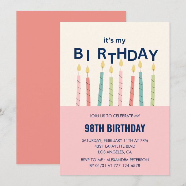 Convite de aniversário de 98 anos com humor engraç (Frente/Verso)