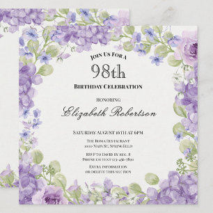 Convite de Aniversário de 98 anos Elegante Floral