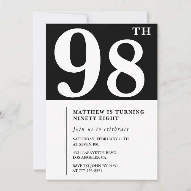 Convite de aniversário de 98 anos preto e branco e (Frente)