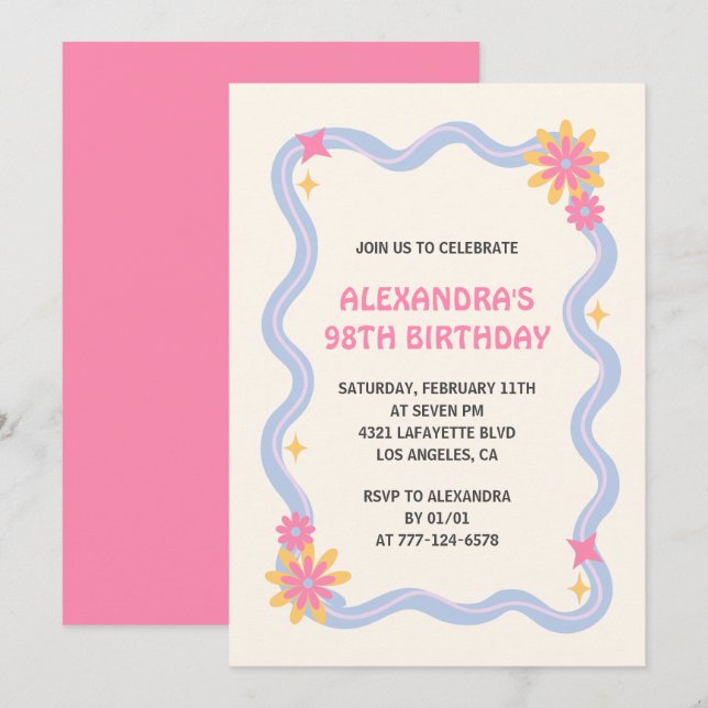 Convite de aniversário de 98 anos Retro Groovy Ros (Frente/Verso)