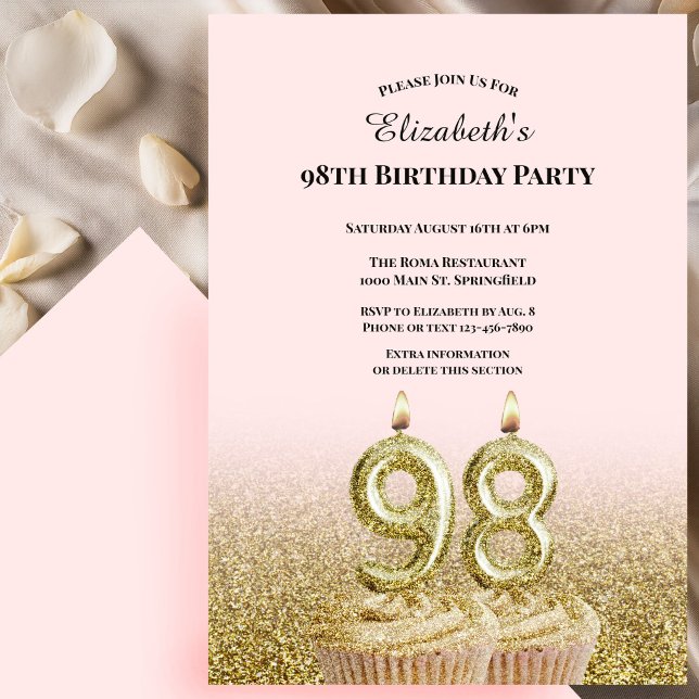 Convite de Aniversário de 98 anos Rosa e Dourado P (Criador carregado)