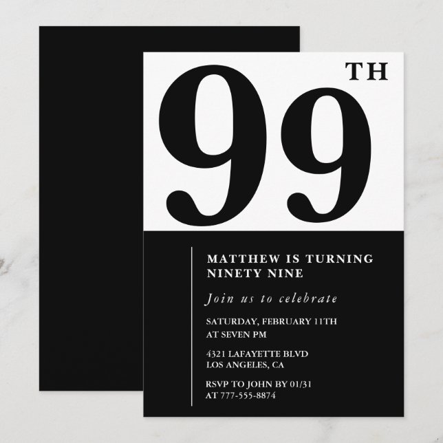Convite de aniversário de 99 anos Chic Preto e Bra (Frente/Verso)