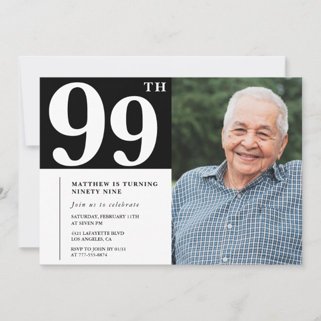 Convite de aniversário de 99 anos com foto preto e (Frente)