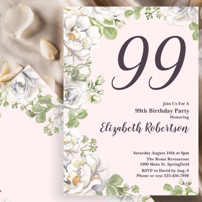 Convite de Aniversário de 99 anos com Peônias Flor (Criador carregado)