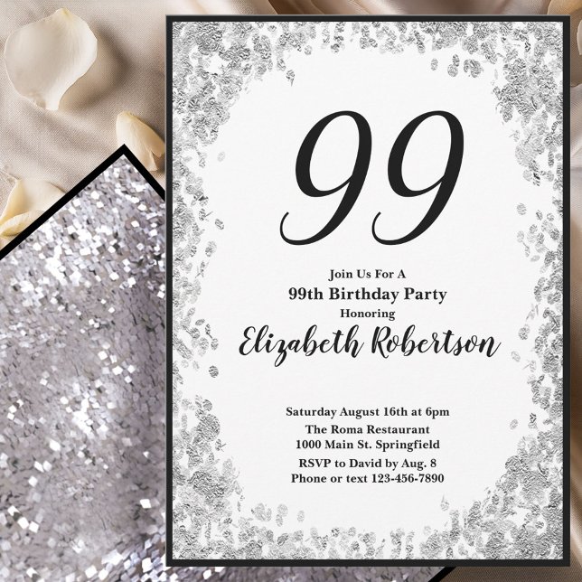 Convite de Aniversário de 99 anos Elegante Prata e (Criador carregado)